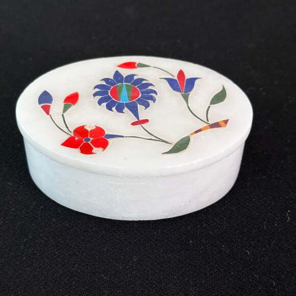 Oval Handmade Marble Lidded Box Inlay Colorful Flowers